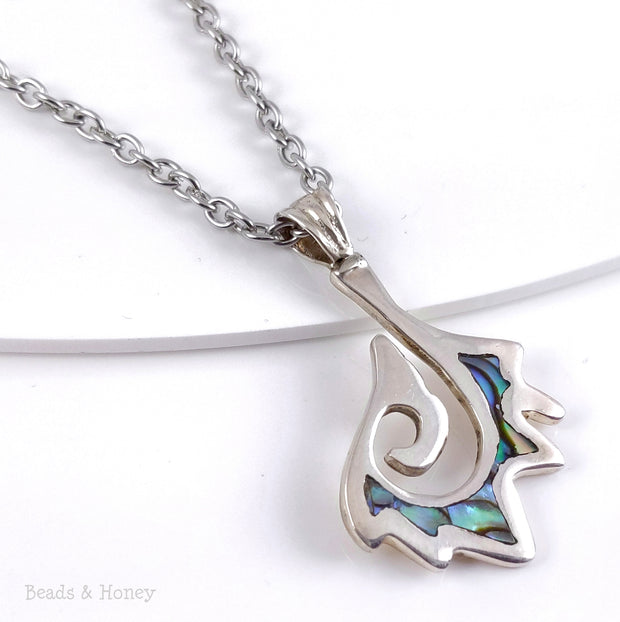 Handmade Sterling Silver Pendant Freeform Hook with Abalone Shell - One of a Kind - 40x25mm (1pc)
