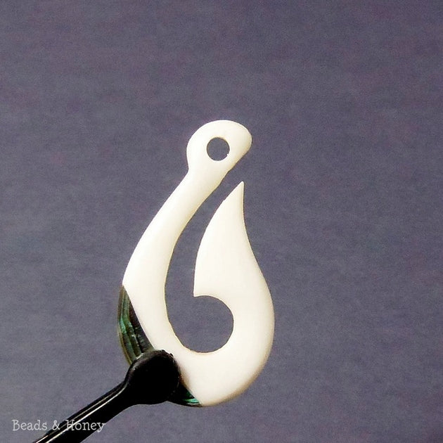 Carved Bone Fish Hook with Abalone Shell Inlay (1pc)  Beads and Honey
