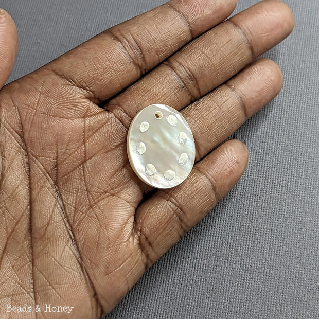 White Mother of Pearl Oval Focal Bead Clockwork Design 26x20mm (1pc)