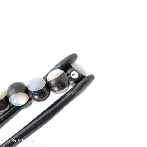 Ebony Wood Bead with White Mother of Pearl Inlay Round 7mm-8mm (8-Inch Strand)