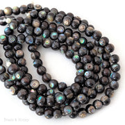 Ebony Wood Bead with Abalone Shell Round 7mm - 8mm (8-Inch Strand)