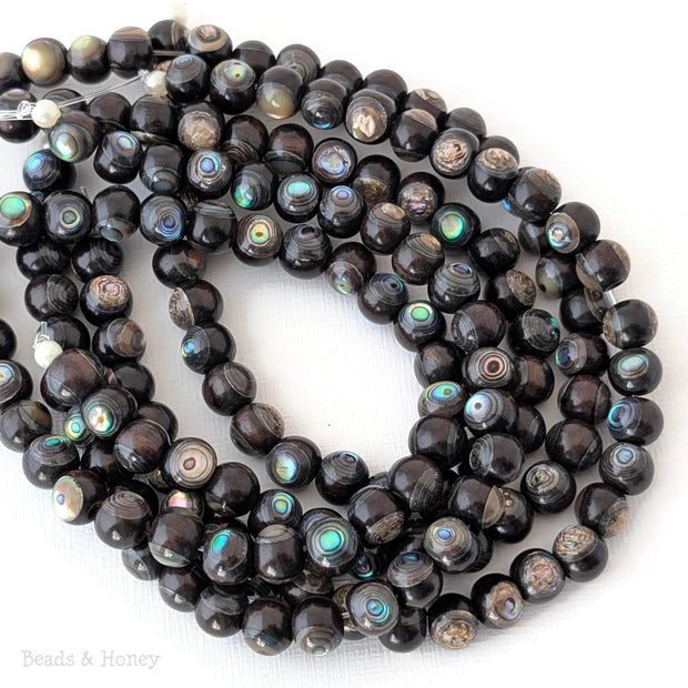 Ebony Wood Bead with Abalone Shell Round 7mm - 8mm (8-Inch Strand)