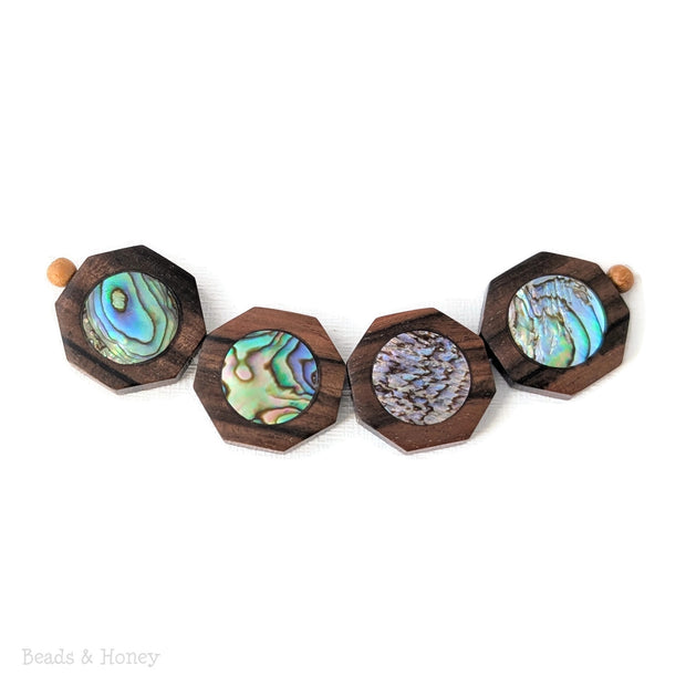 Tiger Ebony Wood Bead with Abalone Shell Flat Octagon 22mm (4pcs)
