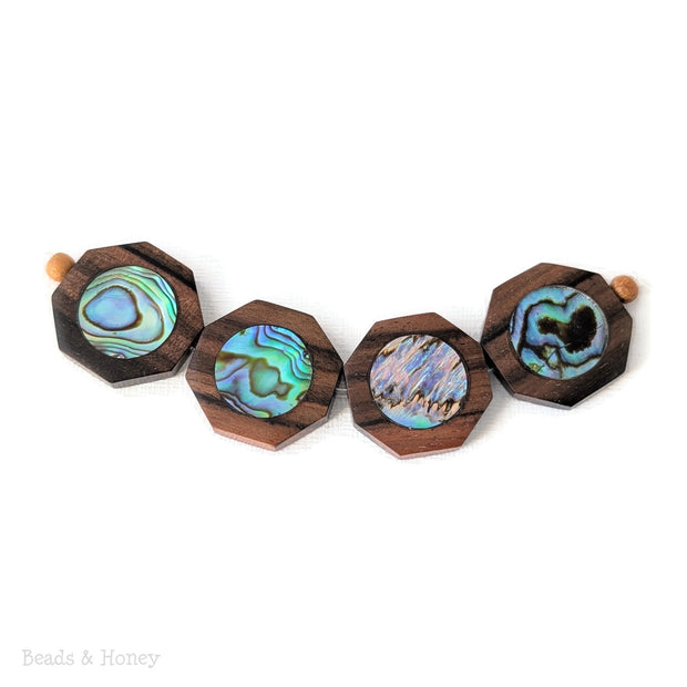 Tiger Ebony Wood Bead with Abalone Shell Flat Octagon 22mm (4pcs)