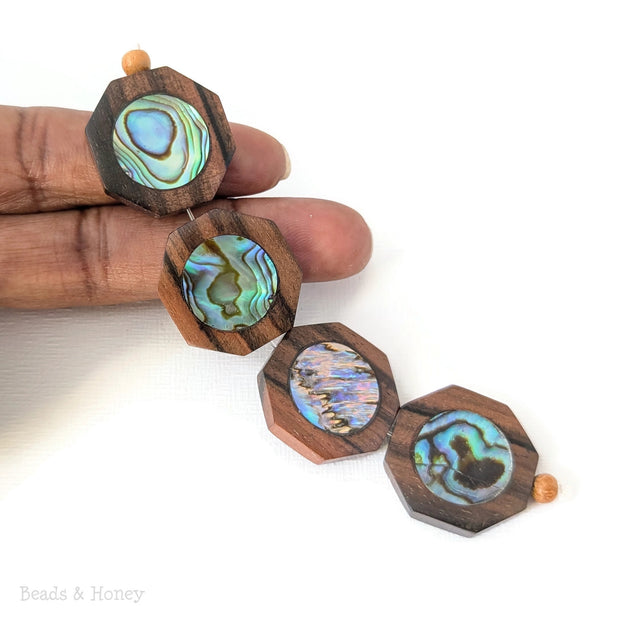 Tiger Ebony Wood Bead with Abalone Shell Flat Octagon 22mm (4pcs)