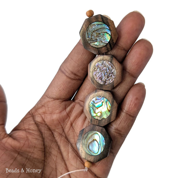 Tiger Ebony Wood Bead with Abalone Shell Flat Octagon 22mm (4pcs)