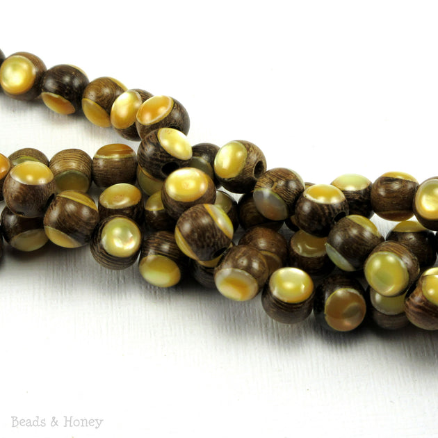 Robles Wood Bead with Gold Mother of Pearl Inlay Round 8mm (8 Inch Str ...