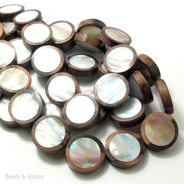 Tiger Ebony Wood Bead with Makabibi Shell Inlay Coin Flat 22mm (10pcs ...