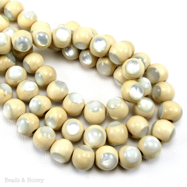 Whitewood Bead Natural with White Mother of Pearl  Inlay Round 10mm (8-Inch Strand)