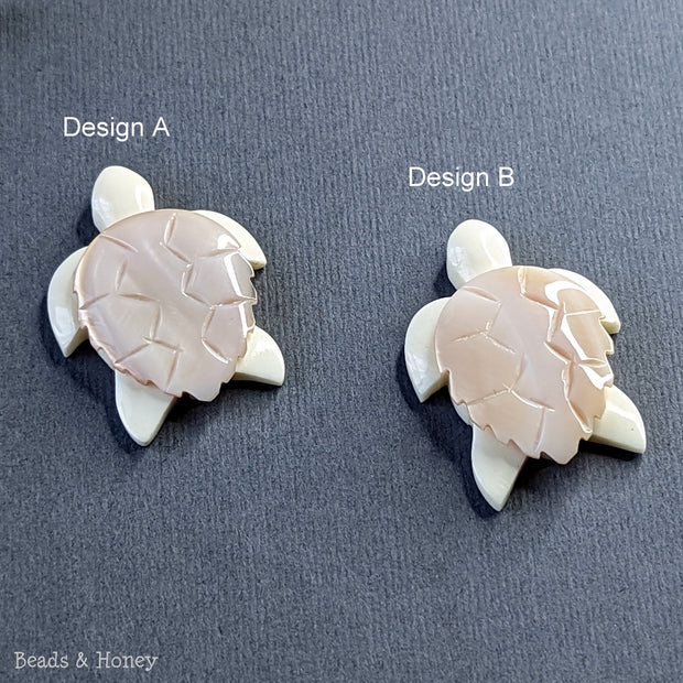 Carved Bone Turtle with Pink Shell Charm Side Drilled 32x24mm (1pc)