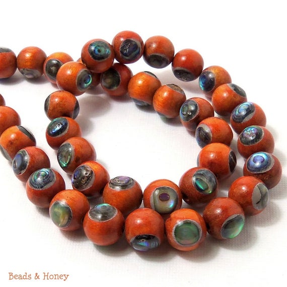 Sibucao Wood Beads with Abalone Shell Inlay Round 10mm (8-Inch Strand ...