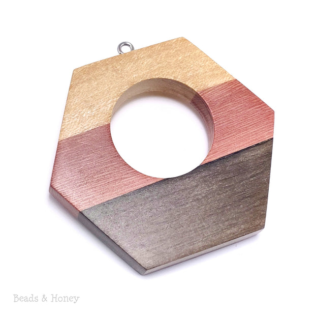 Mosaic Mixed Wood Open Hexagon Pendant with Stainless Steel Bail 53x47x7mm (1pc)
