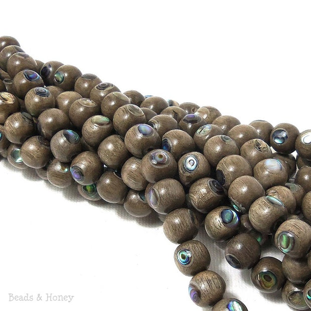 Graywood Beads with Abalone Shell Inlay Round 7mm - 8mm (8-Inch Strand)