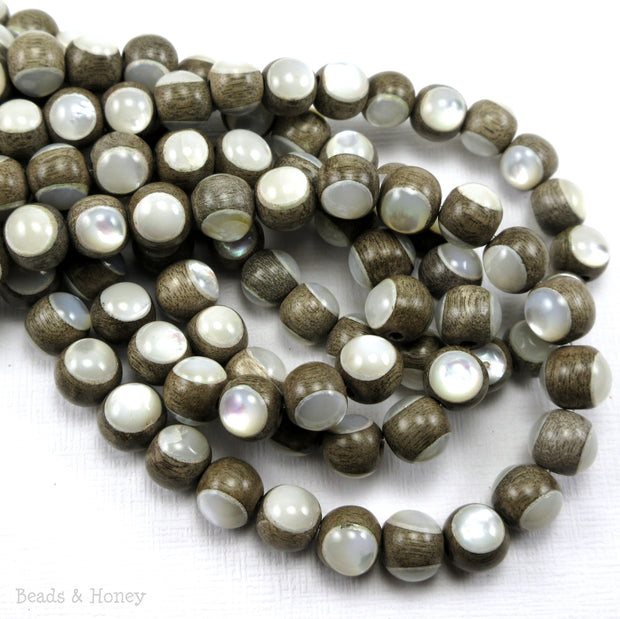 Graywood Bead with White Mother of Pearl Inlay Round 8mm (8-Inch Strand)