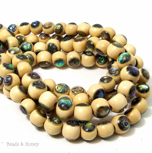 Whitewood Beads with Abalone Shell Inlay Round 7mm - 8mm (8-Inch Strand)