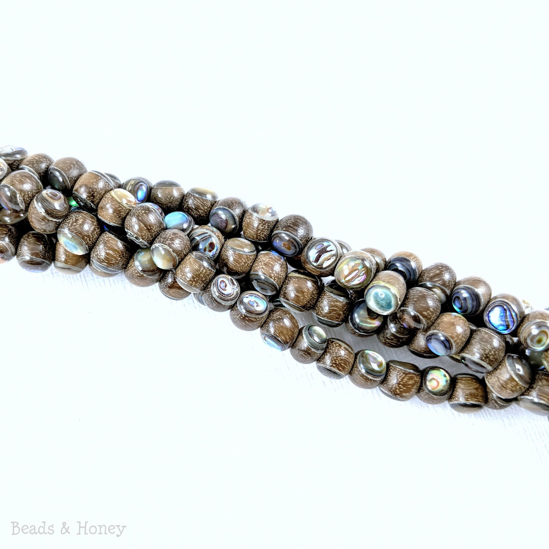 Magkuno Wood Gray-Brown Bead with Abalone Shell Inlay Round 6mm (8-Inch ...