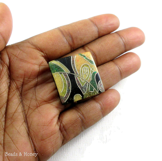 Vintage Recycled Sawdust Cabochon Square Green/Yellow/Black Abstract Design 25mm (1pc)