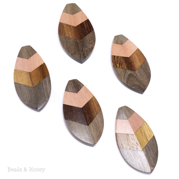 Mosaic Mixed Wood Leaf/Feather/Shield Pendant with Stainless Steel Bail 70x35x7mm (1pc)