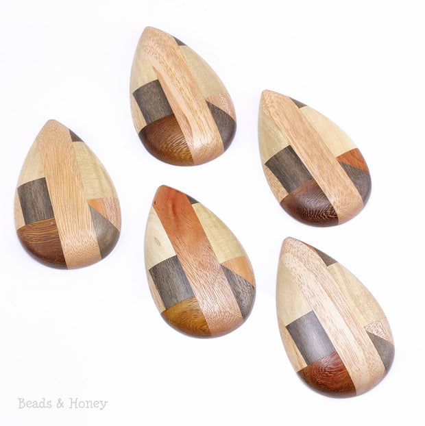 Mosaic Mixed Wood Teardrop Pendant with Stainless Steel Bail 68x40x9mm (1pc)