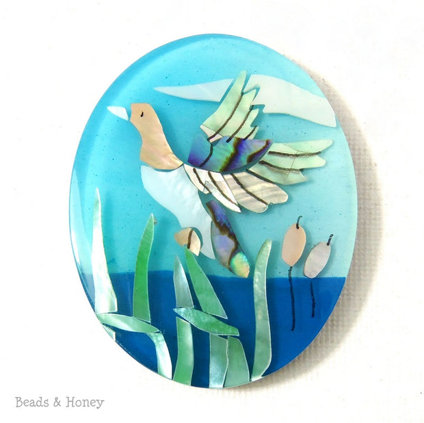 Mosaic Shell Inlaid Resin Cabochon Oval Flying Bird/Duck Design 53x42mm