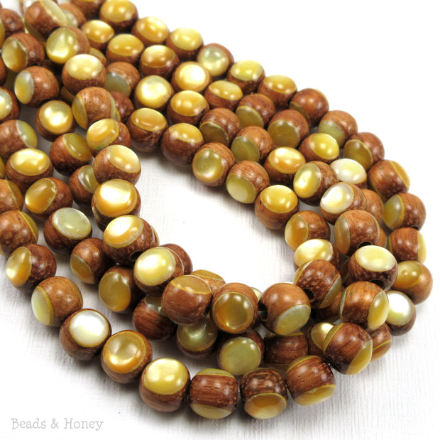 Bayong Wood Bead with Gold Mother of Pearl Inlay Round 8mm (8-Inch Strand)