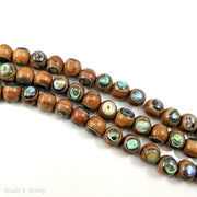 Narra Wood Bead with Abalone Shell Inlay Round 12mm (8-Inch Strand)