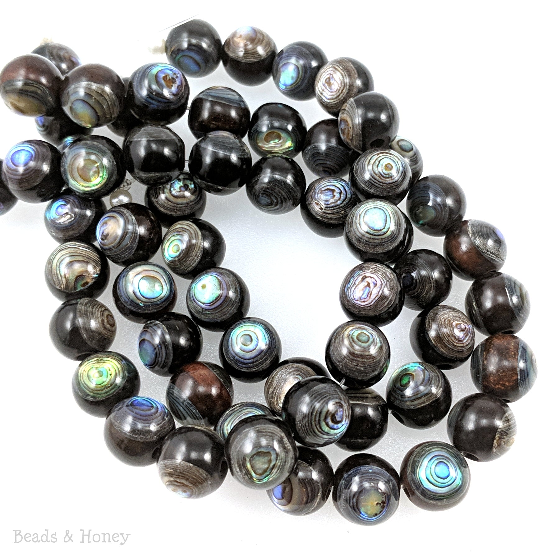 Ebony Wood Bead with Abalone Shell Inlay Round 11-12mm (8-Inch Strand ...