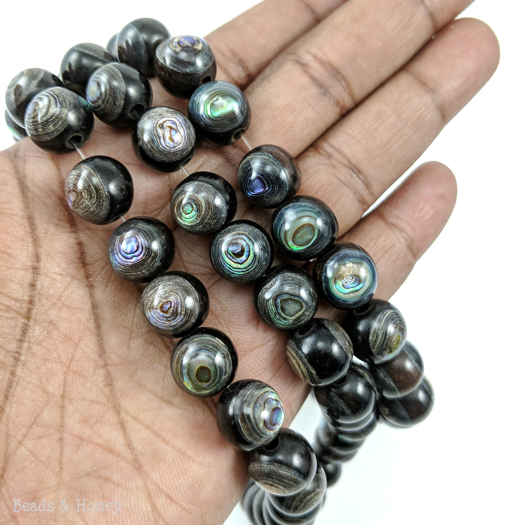 Ebony Wood Bead with Abalone Shell Inlay Round 11-12mm (8-Inch Strand ...