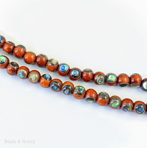 Sibucao Wood Bead with Abalone Shell Inlay Round 7mm - 8mm (8-Inch Strand)