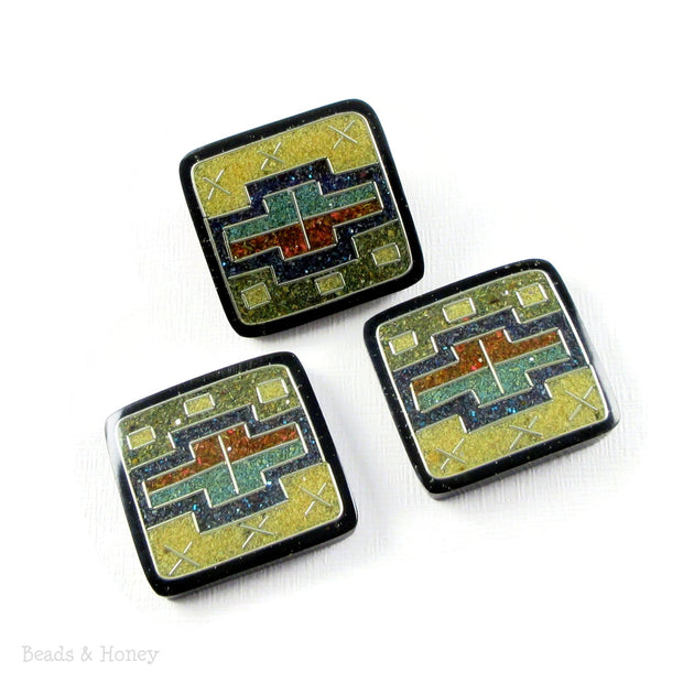 Vintage Recycled Sawdust Cabochon Square Blue/Yellow Bowtie Art Deco Design 28-30mm (1pc)