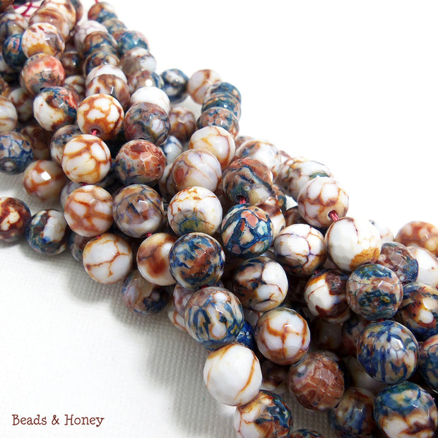 Agate Fired Red White Blue Brown Round Faceted 8mm (15 Inch Strand)