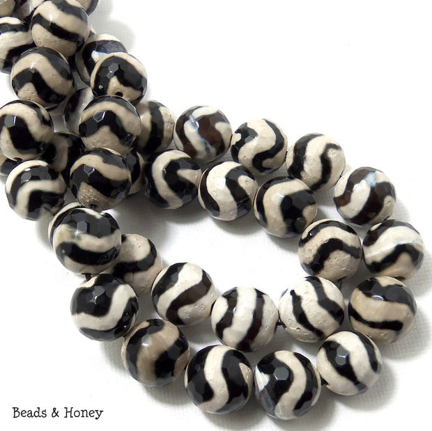 Black Striped Agate Double Wave Round Faceted 12mm (Half Strand, Qty Pricing)