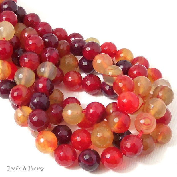 Agate Fired Red/Burgundy/Yellow Multi Colored Round Faceted 10mm (15 Inch Strand)