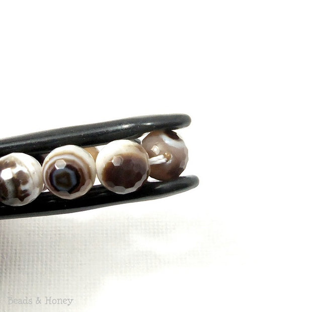 Banded Agate Bead White/Brown/Black Round Faceted (15 Inch Strand)