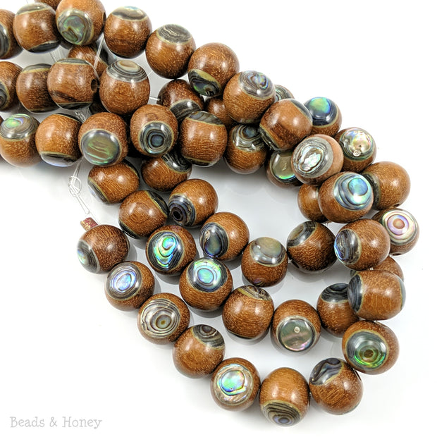 Magkuno Wood Bead with Abalone Shell Inlay Round 12mm (8-Inch Strand)