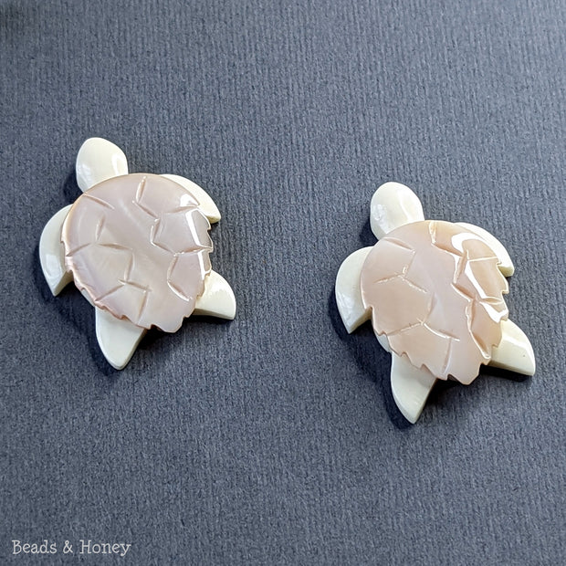 Carved Bone Turtle with Pink Shell Charm Side Drilled 32x24mm (1pc)