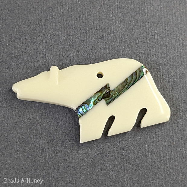 White Resin Bear Bead with Z-Stripe Abalone Shell Inlay 40x20mm (1pc)