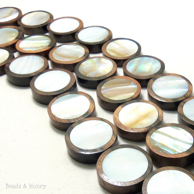 Tiger Ebony Wood Bead with Makabibi Shell Inlay Coin Flat 22mm (10pcs ...
