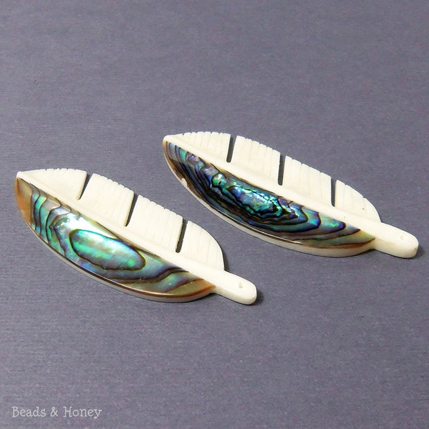 Carved Bone Feather with Abalone Shell Inlay (1pc)