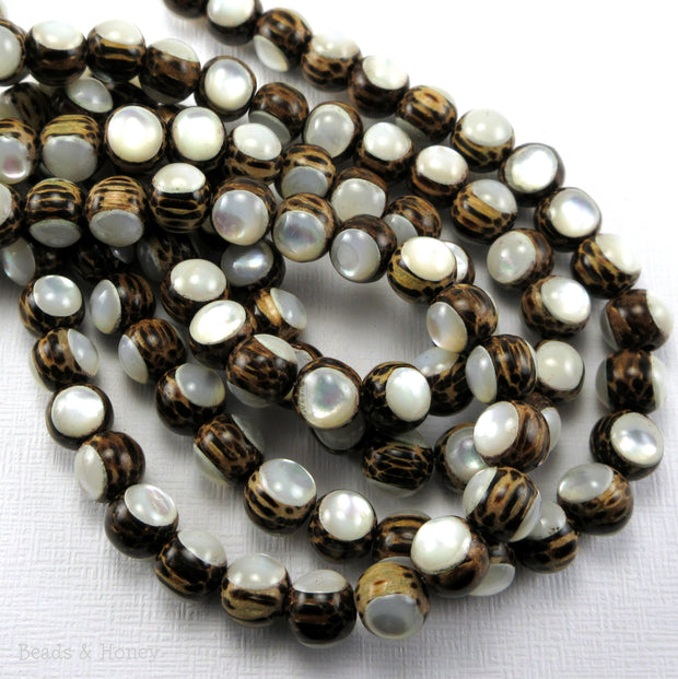 Patikan Wood Bead with White Mother of Pearl Round Inlay 8mm (8-Inch Strand)