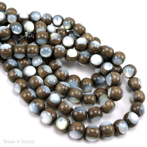 Graywood Bead with White Mother of Pearl Inlay Round 8mm (8-Inch Strand)