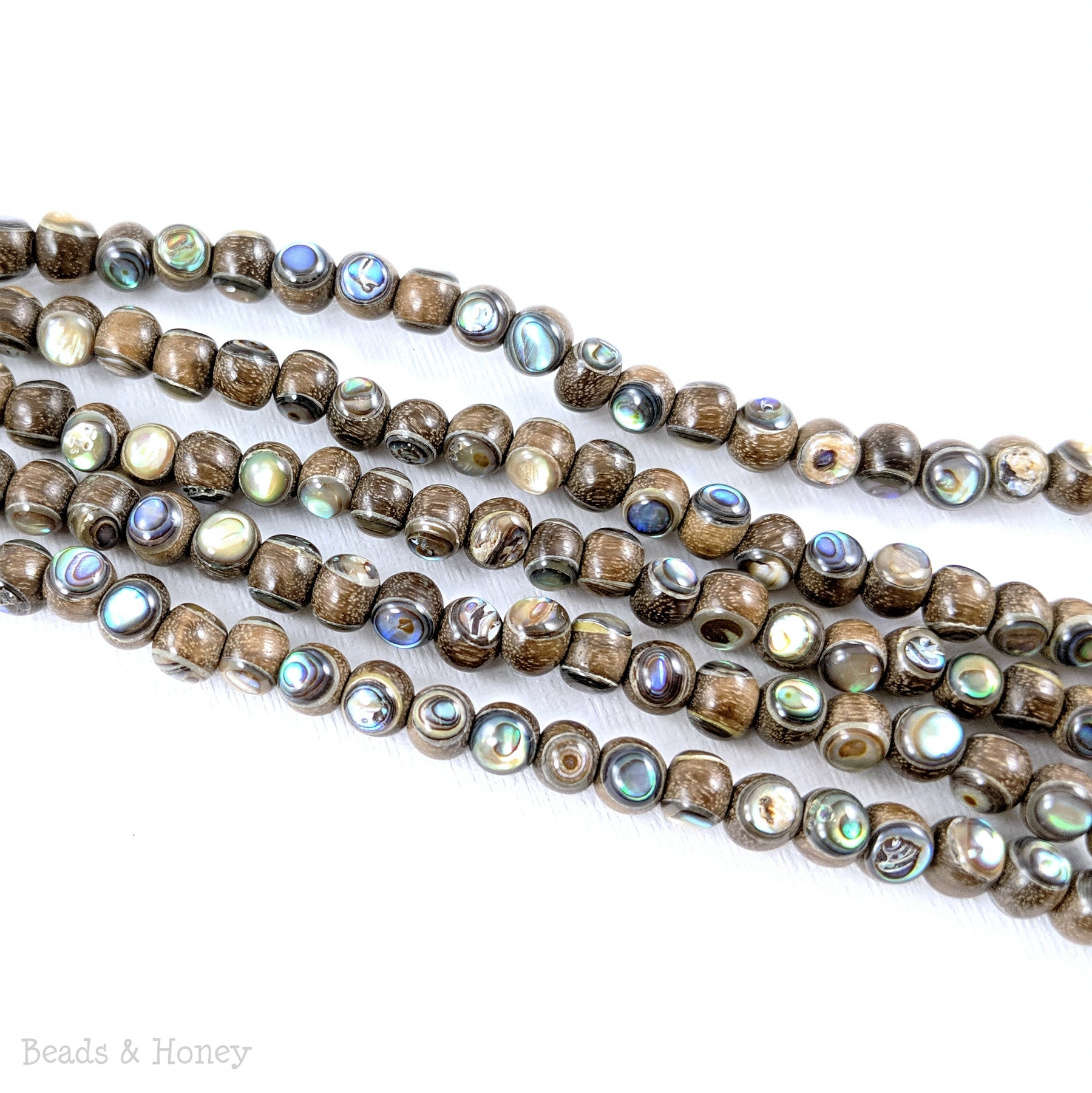 Magkuno Wood Gray-Brown Bead with Abalone Shell Inlay Round 6mm (8-Inch ...
