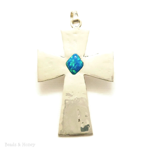 Handmade Sterling Silver Cross with Inlaid Opal - One of a Kind - 50x30mm (1pc)