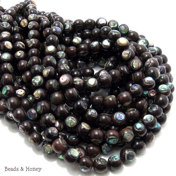 Ebony Wood Beads Inlaid with Abalone Shell Round 7mm - 8mm (8-Inch Strand)