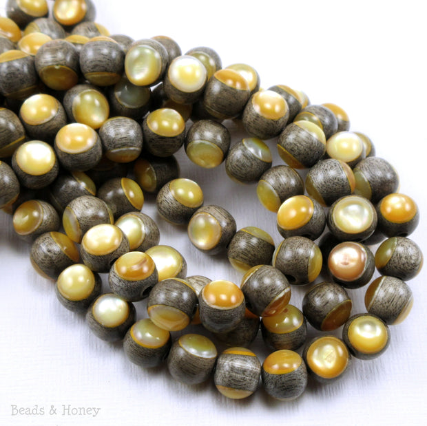 Graywood Bead with Gold Mother of Pearl Inlay Round 8mm (8-Inch Strand)