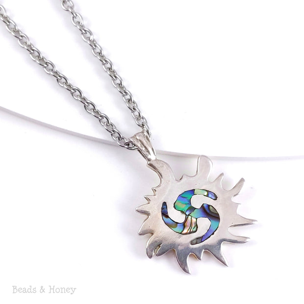 Handmade Sterling Silver Sun Pendant Inlaid with Abalone Shell - One of a Kind - 38x30mm (1pc)