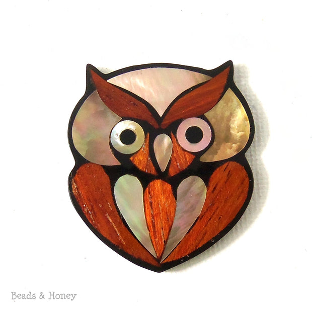 Mosaic Gold Mother of Pearl and Bayong Wood Inlaid Resin Cabochon Owl 30x30mm (1pc)