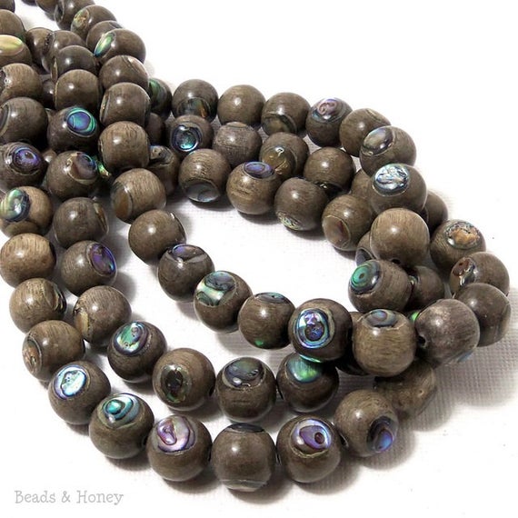 Graywood Beads with Abalone Shell Inlay Round 10mm (8-Inch Strand)