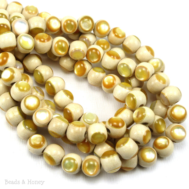 Whitewood Bead Natural with Gold Mother of Pearl Inlay Round 8mm (8-Inch Strand)