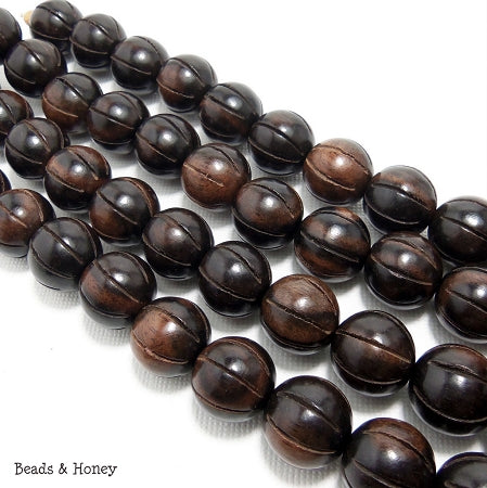 Ebony Wood Round Carved with Groove 13mm (Full Strand)